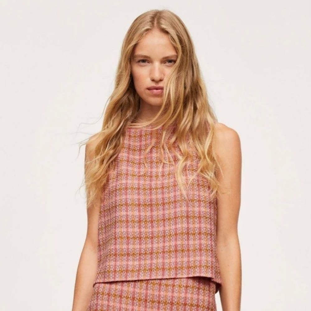 MNG Mango Top Sleveless Cropped Boxy Chic Pink Orange Tan Plaid Size L